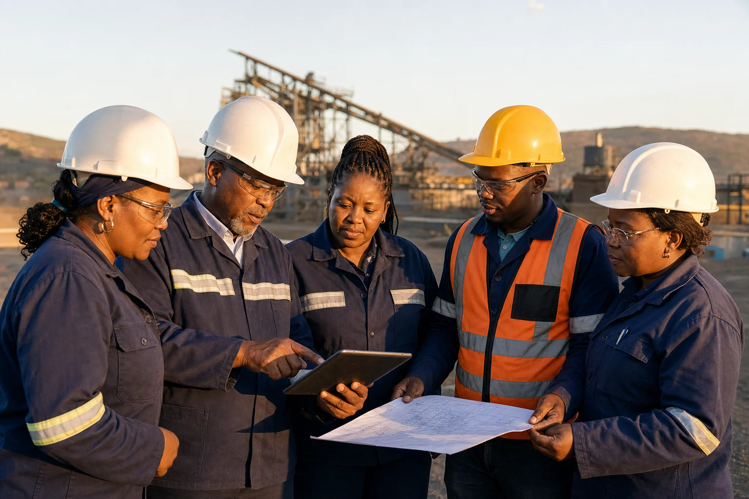 Industrial workforce illustration with a team reviewing field information